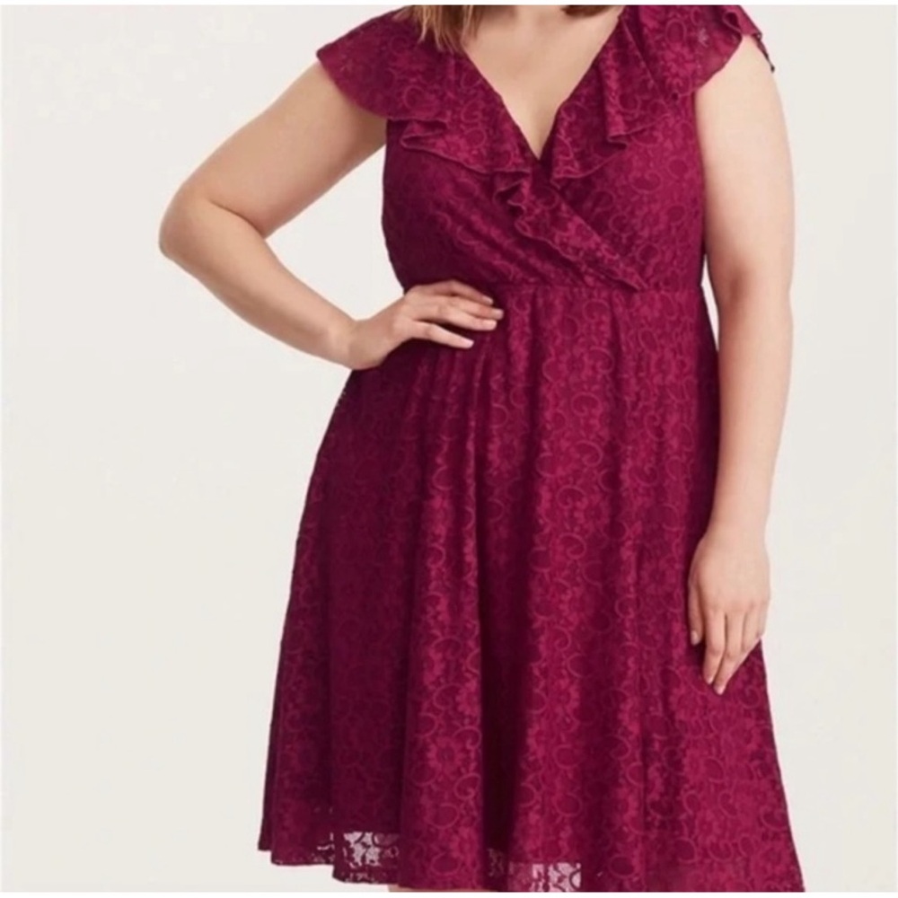 Torrid Skater Ruffled Berry Red Lace Dress NWT SZ 2 (18–20) - Picture 2 of 11